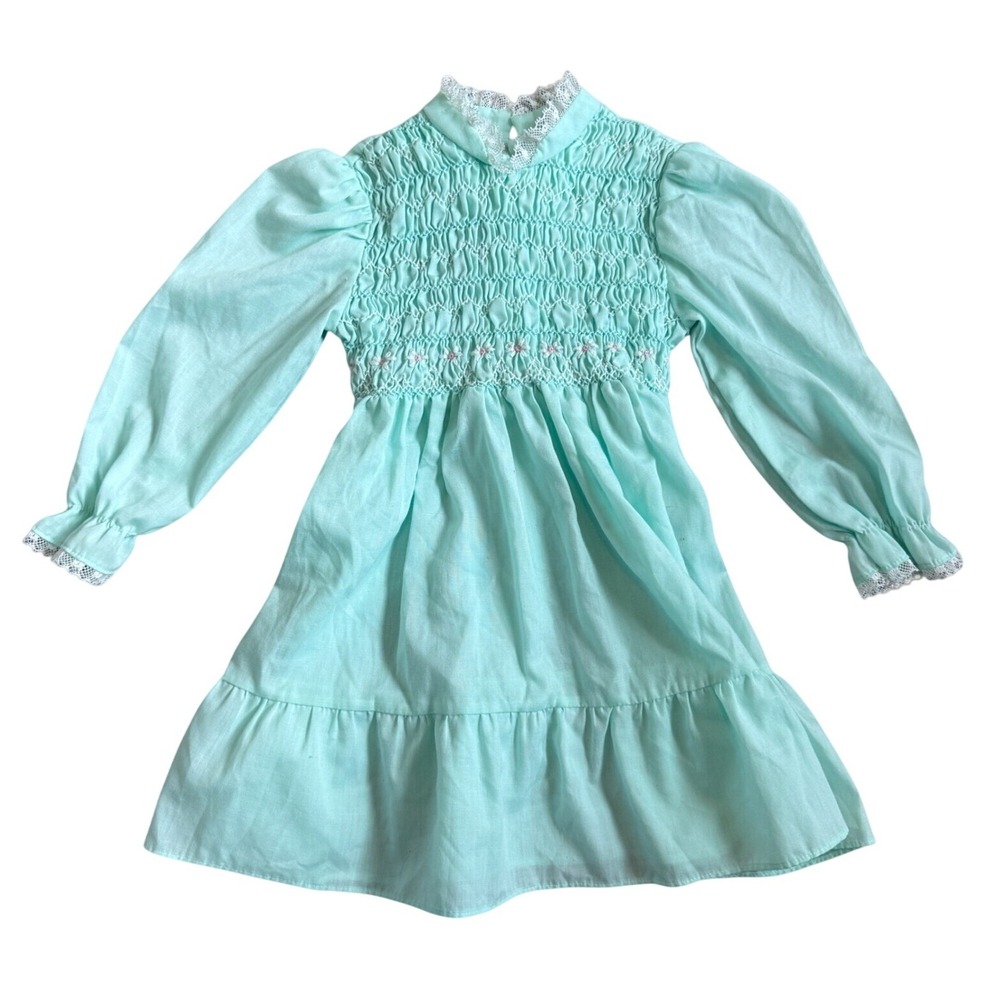 Polly Flinders Vintage Mint Green Hand Smocked Floral Lace Dress Kids Size 4